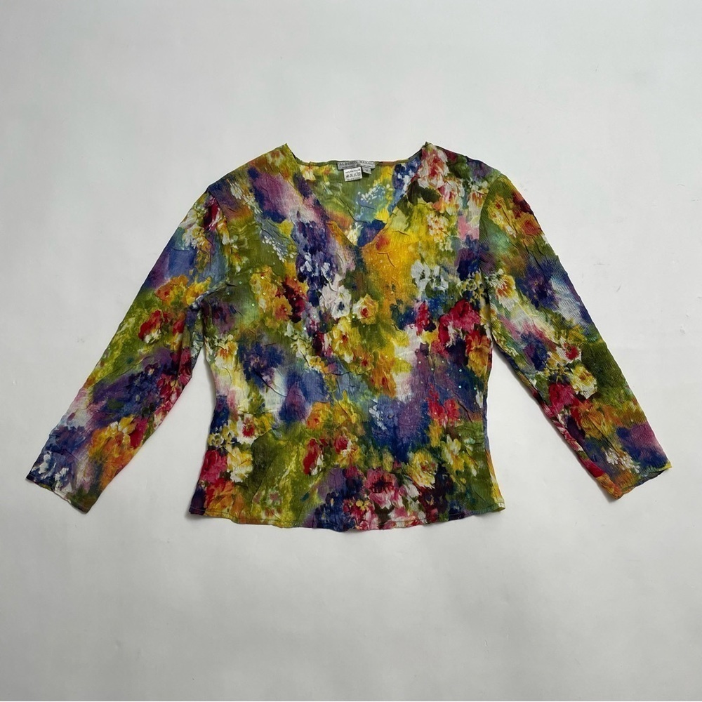 VINTAGE ALBERTO MAKALI semi-sheer v neck stretch crepe top